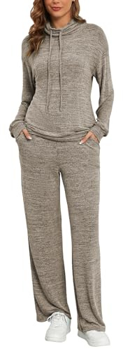 Famulily 2 Piece Tracksuit Sets for Women Long Sleeve Cowl Neck with Drawstring Top and Elastic Waist Wide Leg Pants with Pockets Coffee XL