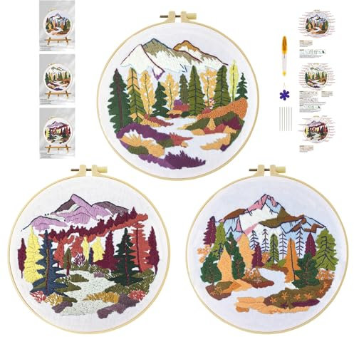 cukol cukol 3pcs Kit Ricamo Principianti Paesaggio Fluviale, Embroidery Kit, Schemi per Set Ricamo Starter Mezzo Punto Croce Kit da Ricamare Mezzopunto a Mano Stampato Bambini