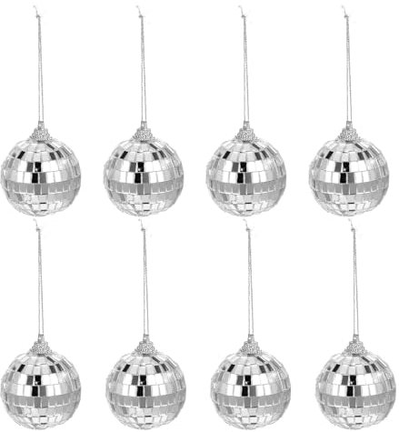 ZEYIYER Bola de espejo de discoteca, 8 unidades, color plata, para colgar, bola de discoteca, para decoración de árbol de Navidad, fiesta, boda, efecto de luz (5 cm)