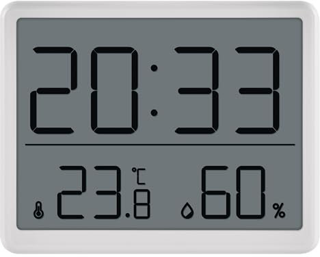 EMOS Termómetro e higrómetro digital para habitación con reloj para colgar/colgar/soporte magnético – Pantalla LCD con indicación de valores mínimos y máximos, fecha, despertador, incluye batería,