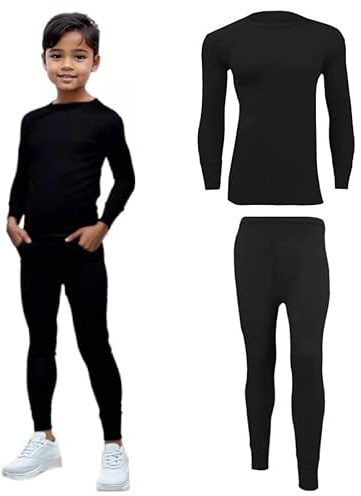 INSAFIANS Kids Thermal Long Johns Set Base Layer Sports Gym Underwear Long Sleeve Top Bottom Compression Set Athletic (Black, Set 9-11 Years)