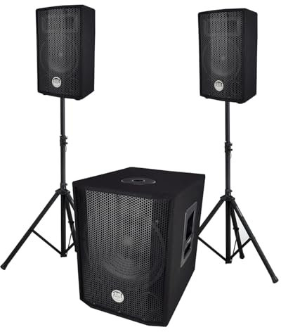 Sistema de sonido trifónico BM Bmsonic BMS 1208, caja de sonido biamplificada 1000 W, USB Bluetooth, 30 cm, satélites 8 pulgadas, 2 x 200 W, cables, pies