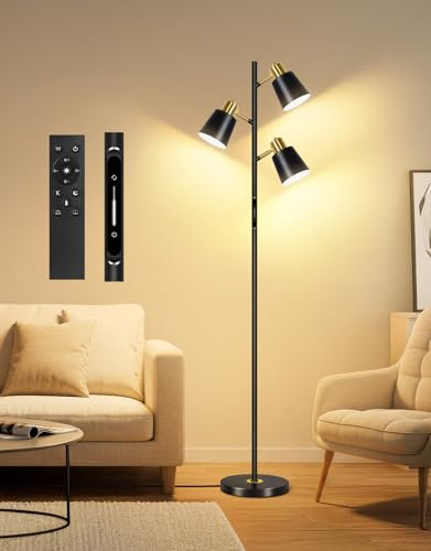 OUTON Stehlampe LED Dimmbar mit Fernbedienung und Touch-Steuerung, 36W 2700LM, 4 Farbtemperaturen, 3 Drehbare Leuchtköpfe, Modern Leselampe Stehleuchte für Wohnzimmer, Schlafzimmer, Büro, Schwarz
