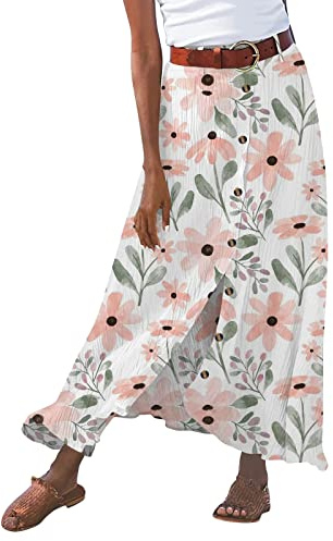 Jupe Boheme Femme Coton Lin- Jupe Mi Longue Taille Moyenne Fendue Fleurie À Imprimé Floral avec Boutons Été Décontracté Slim Fluide Élégants Tous Les Jours Tendance De Plage Vacances Skirt