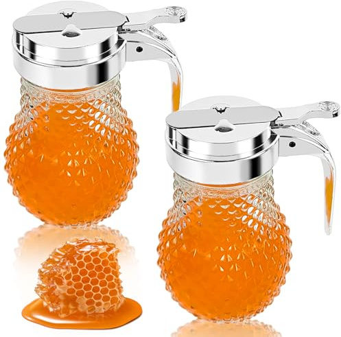 YEXEXINM 2Pcs 8oz Syrup Dispenser Honey Pot Glass Honey Dispenser Jar, Maple Syrup Container, Coffee Container, Commercial Quality with Handle Sugar Box Jar for Home Kitchen and Storage