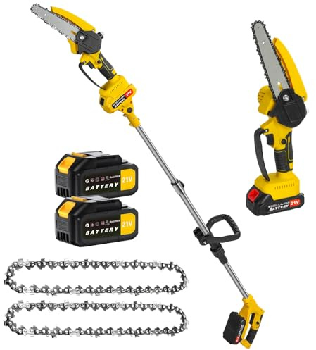 Mini Motosierra podadora de pértiga inalámbrica, motosierras eléctricas de 550 W, Cortasetos telescópico, Motor sin escobillas, pértiga retráctil de 2,7 a 3,6 m, 2 baterías de 1,5