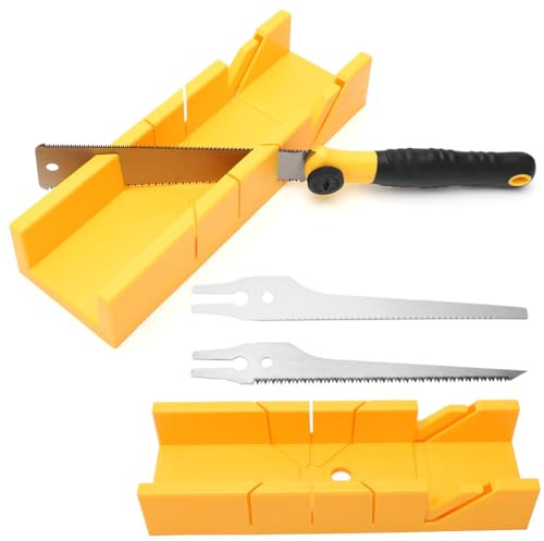 Gehrungslade mit Säge, 4-teiliges Japansäge Feinsäge Set mit 3 Sägeblättern,Handsäge und Kunststoff-Schneidlade 22,5° 45° 90° Winkelschnitte Gehrungsschneidlade für Holz & Sockelleisten von Heimwerken