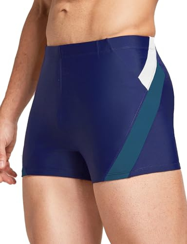 SPEXIAL Men's Athletic Swim Jammers Square Leg Splice Swimsuit Quick Dry Swim Trunks for Training Bathing UPF 50+ Blue M
