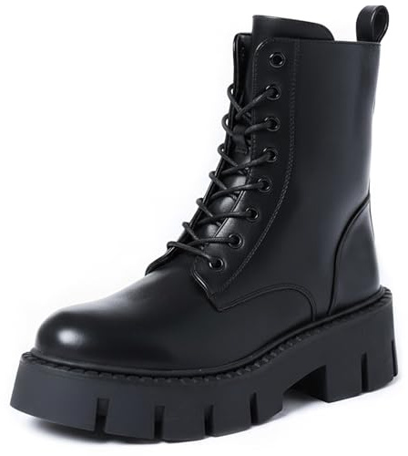 URBAN ROSA Anfibi Stivaletti Donna con Lacci Suola Spessa e Tacco Largo Antiscivolo 8256 (NERO 2, 41 EU, Adulto, 41, Numero, Sistema Taglie Calzature EU, Media)