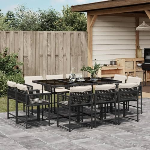 Mimdixy Mobili da terrazza, mobili da balcone, sala da giardino, 11 cucchiai. Gruppo da pranzo da giardino con cuscino, nero, in rattan sintetico, per esterni, per balcone, terrazza, cortile, stabile