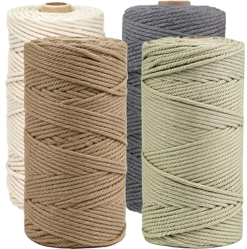 Cerkkapo Hilo de macramé, 3 mm x 400 m, cuerda de macramé, (juego con 4 colores: crudo/gris oscuro/verde oliva/latte) hilo natural de algodón para manualidades