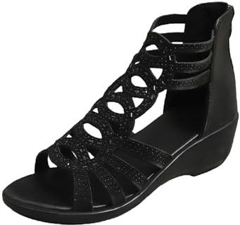 Sandaler, strass, glitter, sandaletter med kilklack, dam, romerska sandaler, dam, sommarsandaler, urholkning, strandsandaler, öppen tå, fritidssandaler, dragkedja, utomhussandaler, lätta