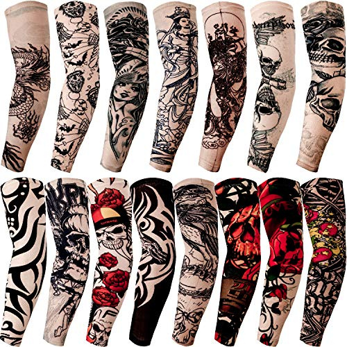 Qpout 15 Pcs Bras Tatouages Manches pour Hommes Femmes, Unisexe Tribal Totem Crâne Fleur Mode Tatouages Manches Cyclisme en Plein Air Basketball Crème Solaire Élastique en Nylon Tatouages Manches