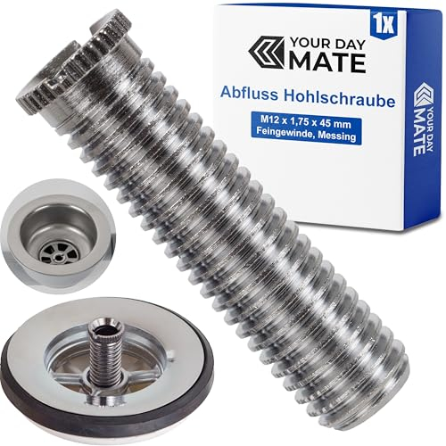 Tornillo hueco para válvula de fregadero, tornillo M12 x 1.75 x 45, longitud 45 mm, rosca de 12 mm, cabeza de 13 mm, interior de 8 mm, universalmente adecuado para drenajes de válvulas con 1.5” y 3.5”