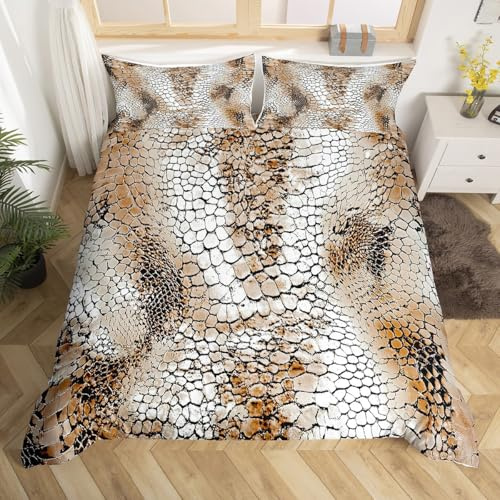 Snake Comforter Cover Full,Warm Taupe Snakeskin Pattern Bedding Set Reptile Wild Animal Skin Duvet Cover,Exotic Tribe Tropical Wildlife Bed Sets S-Shaped Little Dragon Bedroom Decor