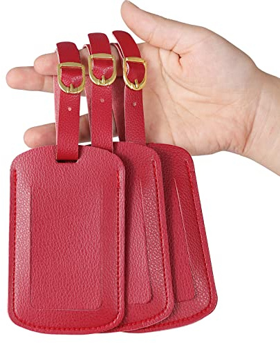 Vividwise Luggage Tags with Name ID Card, Leather Luggage Suitcases Tag for Bag Baggage Travel Accessories 3 Pack (Red)