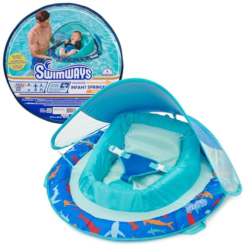SwimWays Infant Spring Float, Baby Pool Float with Canopy, Swimming Pool Accessories for Kids 3-9 Months, Shark