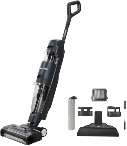 Primizia Aspiradora Escoba Sin Cables, Tanque Doble, Autonomía 40 min,Limpieza de Bordes, Autolimpieza, Aspiradora Fregona para Limpieza en Húmedo y en Seco, Negro