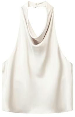 Verano Estilo Europeo y Americano Textura Satinada de Seda Cuello Halter Color sólido Top-Beige-XS