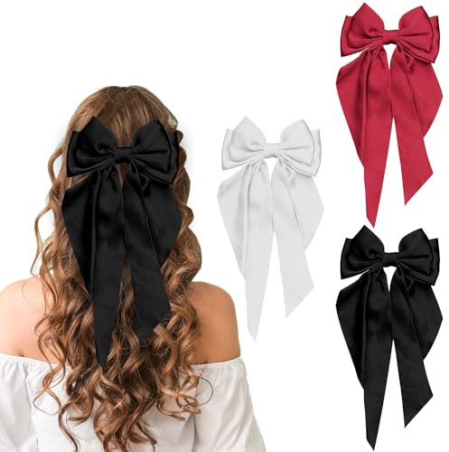 3PCS Bow Hair Clip, Duckbill Bow Clip Hair Bows for Women Big Bowknot Hairpin French Hair Clips with Long Ribbon Soft Satin Silky Hair Bows for Women Girls(black+pure white+red)