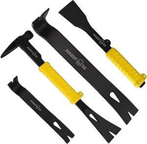 MANUFORE Lot de 4 Outils de Démolition Jaunes : 2 Pieds-de-biche Plats en Acier (30 cm et 19 cm), 1 Arrache-clou avec Tête Marteau et Poignée Antidérapante, 1 Ciseau de Maçon (23 cm)