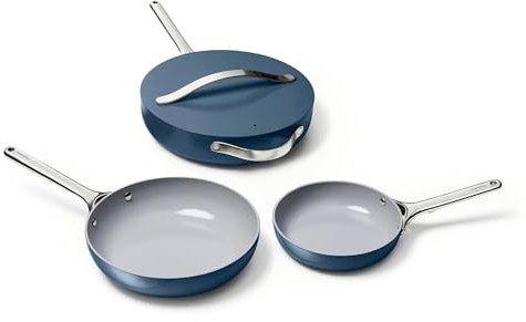 Caraway 4-Piece Fry Pan Set - Non-Stick Frying Pans (10.5” & 8”) & Non-Stick Sauté Pan - Non Toxic, PTFE & PFOA Free - Oven Safe & Compatible with All Stovetops (Gas, Electric & Induction) - Navy
