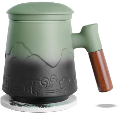 ZENS Teetasse mit Deckel und Sieb & Untersetzer, 450ml Teebecher Moosgrün