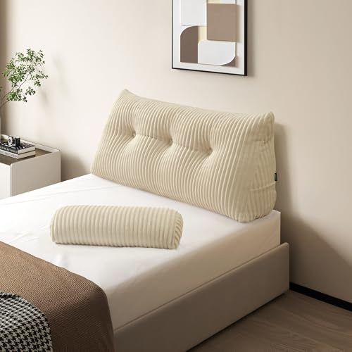 Z-hom Bücherkissen, Keilkissen, Lesekissen Für Bett Und Sofa, Cozy Rückenkissen, Praktisches Seitenfach, Removable Cover, Mit Rundem Kopfkissen (Cream, 100 * 50 * 20cm)