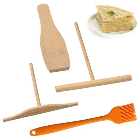 LINGJIA 4 Pezzi Spatola da Cucina, Spalmatore di Pasta, Spalmatore di Pancake, Spalmatore di Pastella, Strumento per Pancake, Strumento per Crepes, Dispenser di Legno, Dispenser per Crepes e Spatola