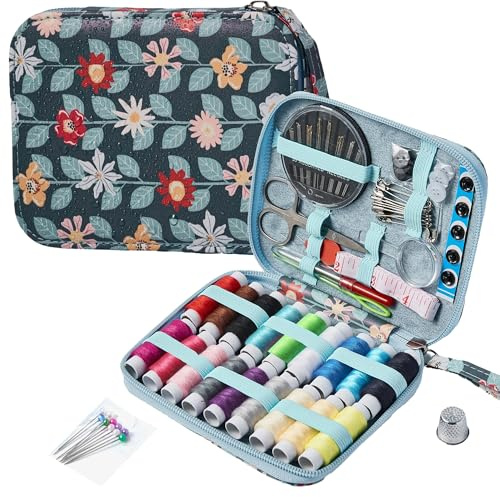Printing Sewing Kit Vines Pattern Sewing Set,87 PCS Arts Crafts Sewing Supplies,Travel PU Sewing Needles Set,Sewing Accessory for Adults,Emergency,Home