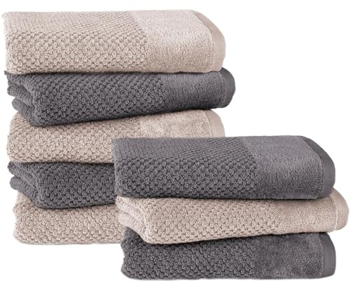 Pure Label 8-TLG. Handtücher Set mit Aufhängeschlaufen aus 100% Baumwolle, saugstark und weich - 8er Pack Handtücher 50x100 cm auf feinster aus feinster Baumwolle, Anthrazit | Stein