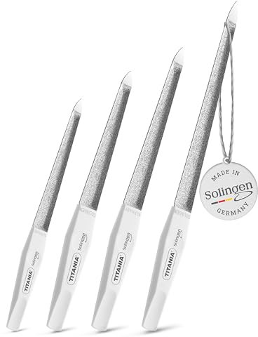 TITANIA Solinger Saphir Nagelfeilen Set – 4 Doppelt Gewölbte Profi-Nagelfeilen (12/15/17/20 cm) mit Weißem Griff – Passt sich der Natürlichen Nagelform an – Für Maniküre & Pediküre