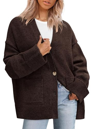 PRETTYGARDEN Women's 2026 Oversized Cardigan Sweaters Trendy Chunky Knit Long Sleeve V Neck Button Down Fall Winter Outfits (Brown,Large)
