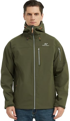 NORDIC OUTLAND Men's Waterproof Softshell Rain Jacket, Hooded Windbreaker with 7 Pockets, Lightweight Shell for Hiking and Outdoor Activities (US, Alpha, Medium, Regular, Regular, Army Green)