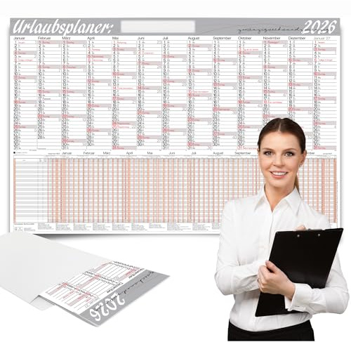 Wandkalender XXL mit Urlaubsplaner 2026 Mitarbeiter – Großformat B1 (98 x 64 cm) Querformat 150 g/m² gefalzt, Urlaubskalender Jahreskalender 2026 für Büro, Familie, Betrieb & Teams