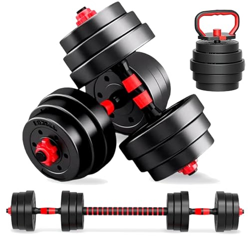 DECODEKO Juego de Mancuernas Ajustables 3 en 1, 20kg con Barra Recta y Kettlebell - Discos Recubiertos Antideslizantes para Entrenamiento en Casa​​