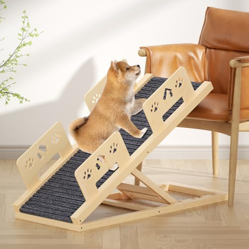 Rampa per cani con ringhiera di sicurezza, in legno, per letto, divano, auto, altezza regolabile 35-58 cm, con tappetino antiscivolo, rampa per cani fino a 60 kg