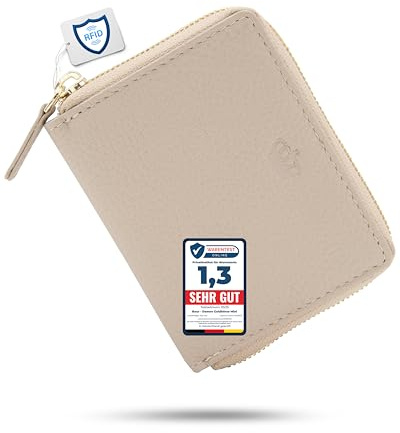 Baur Damen Geldbörse klein – Echtes Leder mit RFID-Schutz – Kleines Portemonnaie mit 6 Kartenfächern und Rundumreißverschluss (Gold Reißverschluss, Taupe)