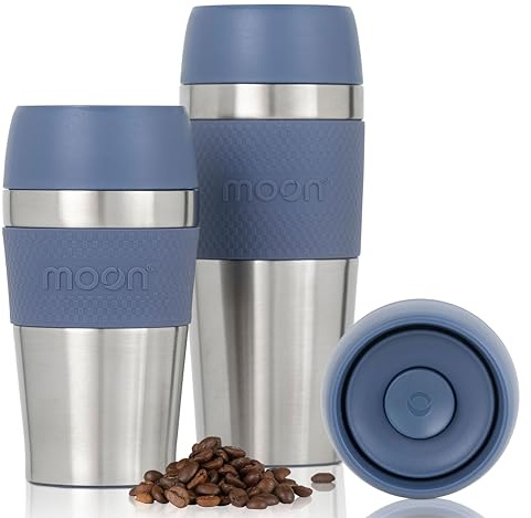 Moon 360° Travel Mugs - Leakproof Reusable Coffee Cup for Hot Drinks - Insulated Stainless Steel Thermal Mug, Fits Car Cup Holders (450ml, Recycled Metal/Blue)