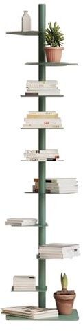 Estantería ajustable de 9 niveles vertical alta y estrecha estantería de metal con escalera independiente para espacios pequeños, elegante torre de libros verde para almacenamiento en el hogar y la