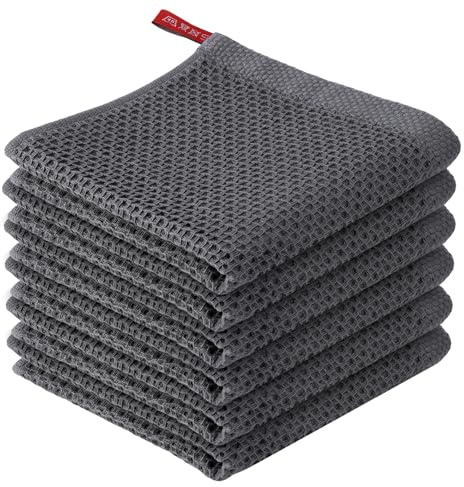 EXIN DEHCEN 6 Piezas Paños de Cocina Algodon 30 x 30 cm, Gris Trapos de Cocina con Diseño de Gofre, para Secar Súper Absorbentes, Reutilizables y de Secado Rápido
