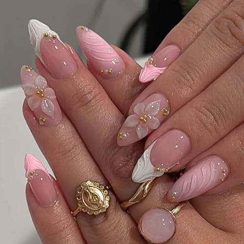 Press On Nails Almond - French Tip False Nails with 3D Flower Design - Pink Short Fake Nails with Glue - Removable Acrylic Nails Stick on Nails for Women Nail Art Accessories