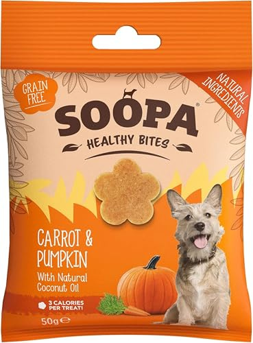 Soopa Carrot & Pumpkin Healthy Bites, Dog Training Treats, 50 g, 1-Pack | Human-Grade, Grain-Free, Natural Dog Treats for Small Dogs, Medium, Large, Puppy, Low Calorie, Superfood Ingredients, Vegan