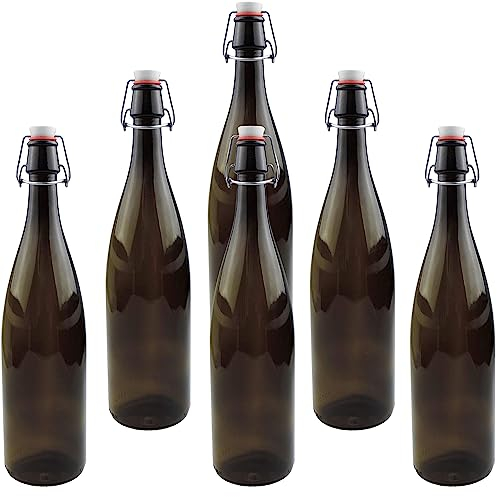 mikken 6 x braune Glasflasche 1 Liter mit Bügelverschluss aus Porzellan, inkl Etiketten