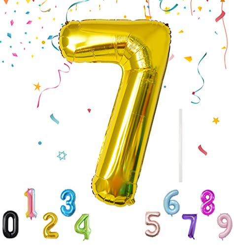 Palloncino Numero 101CM/40 con Cannuccia, Gonfiabili Pallone per Decorazione Feste, Foil Gigante Palloncini Compleanno con l'Elio, Riutilizzabili Palloncini Numeri - Palloncino Numero 7 Oro