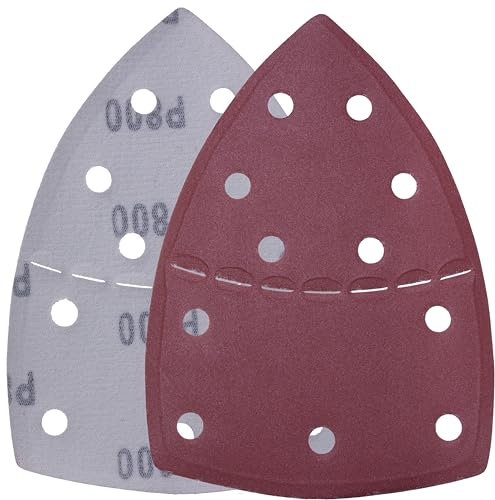 YoiYee Lot de 10 feuilles abrasives grain 800, papier de verre Delta triangulaire, fermeture auto-agrippante, 11 trous, accessoires pour ponceuse multi-ponceuse, rouge
