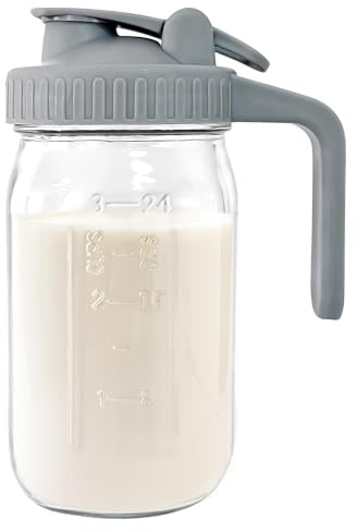 JunVpic Breast Milk Pitcher - 32 oz Glass Mason Jar with Dual Leak-Proof Design, Airtight Seal, Pour Spout & Handle, Storage Container for Breastmilk, Iced Tea & Ice Drinks（Gray）