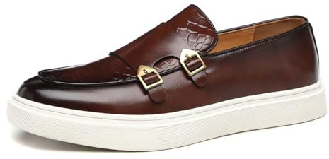 Men Double Monk Strap Dress Sneakers,Casual Fashion Formal Business Patent Leather Slip On Loafers Dress Shoes Penny Loafers (6.5,Brown,6.5)