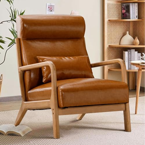 INZOY Mid Century Modern Accent Chair with High Back, PU Leather Reading Armchair with Waist Cushion, Upholstered Wood Frame Living Room Chairs for Bedroom Sunroom, Camel