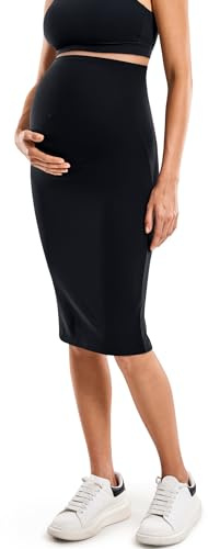 MOMANDA Women' s Maternity Skirt High Waist Midi Pencil Skirt with Slit Stretchy Pregnancy Casual Black Medium